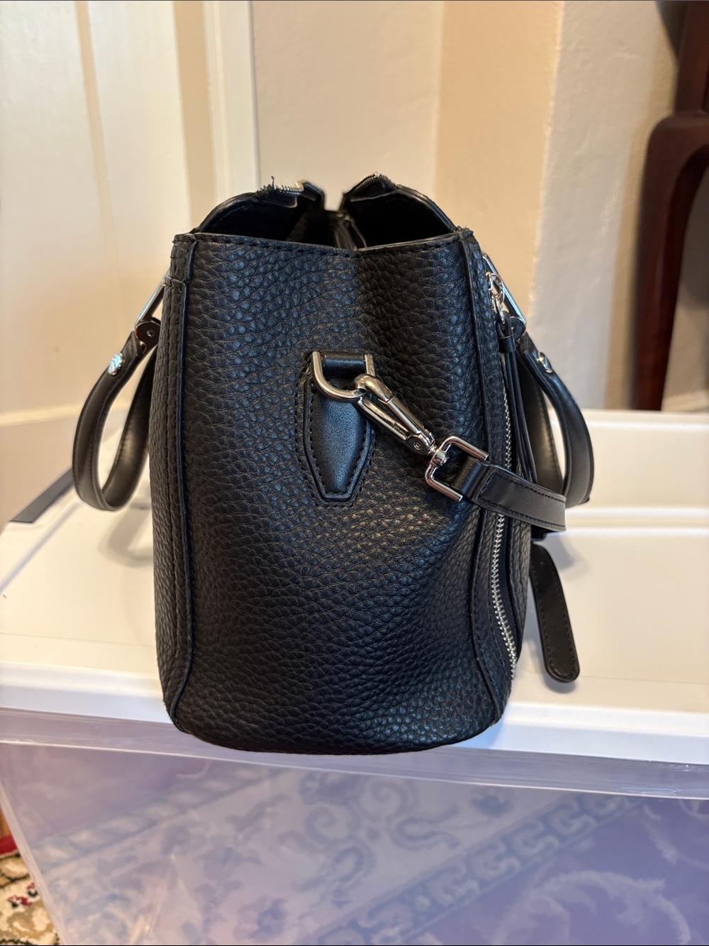 Calvin Klein Black Pebbled PU Leather Top-Handle Garnet Tote - Picture 14 of 15